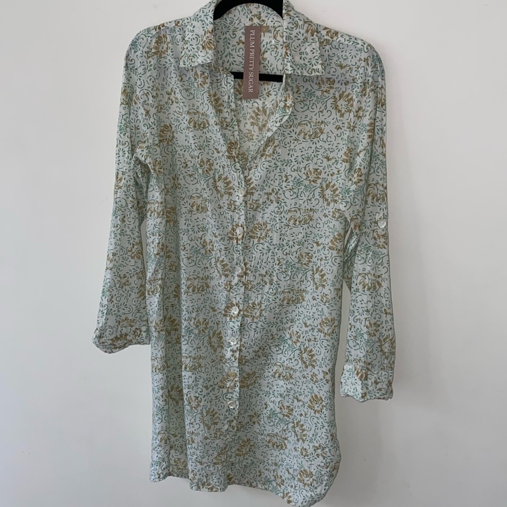 Plum Pretty Sugar Teal and Gold Floral Button Down Dress Coverup Boyfriend Shirt